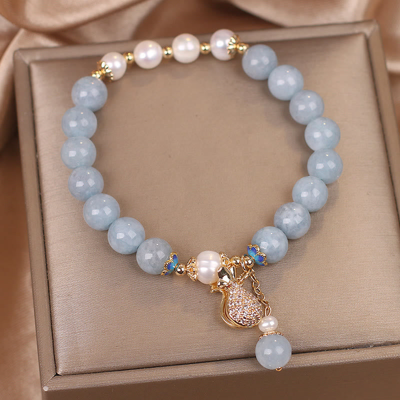 Karma Stone Aquamarine Pearl Fortune Money Bag Charm Bracelet