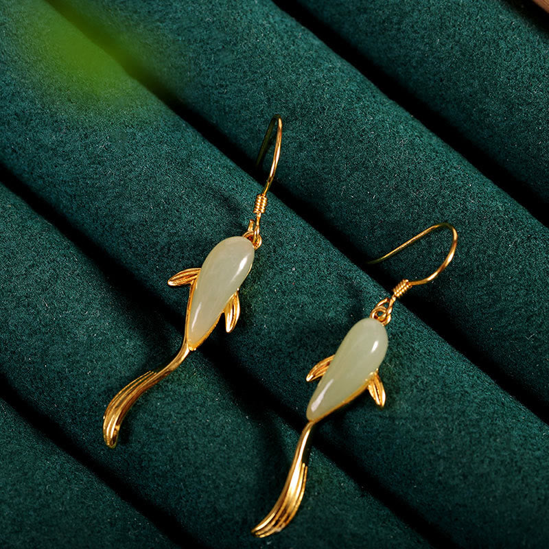 Karma Stone Fish Pattern Jade Luck Dangle Drop Earrings