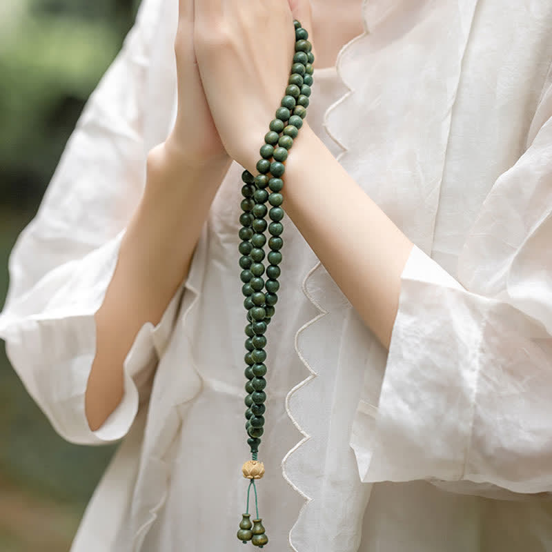 Karma Stone 108-Bead Rosary Green Sandalwood, Boxwood, Lotus, Auspicious Wooden Rosary Bracelet