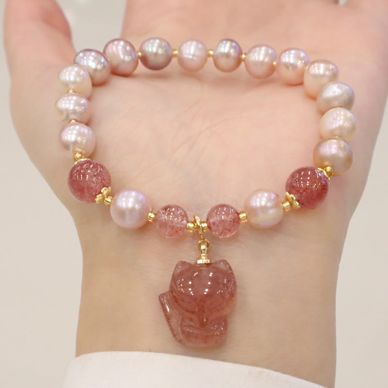 Karma Stone Natural Pearl Strawberry Quartz Cute Fox Love Healing Charm Bracelet