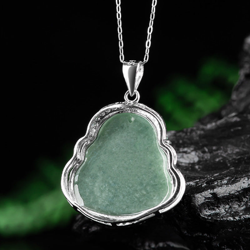 Karma Stone 925 Sterling Silver Laughing Buddha Jade Abundance Necklace Chain Pendant