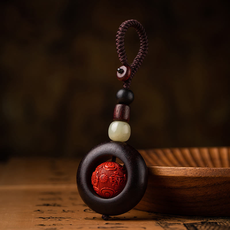 Karma Stone Tibet Om Mani Padme Hum PiXiu Copper Coin Small Leaf Red Sandalwood Cinnabar Protection Key Chain