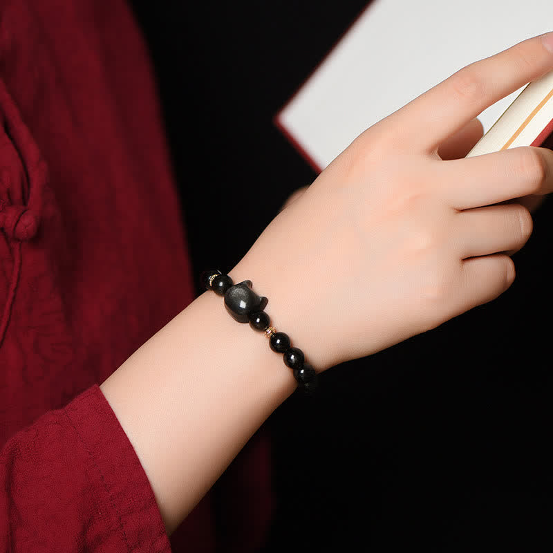 Karma Stone Gold Sheen Obsidian Silver Sheen Obsidian Lovely Paw Lucky Cat Protection Bracelet