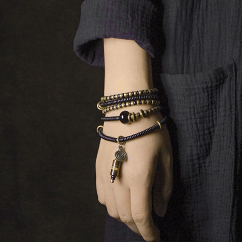Karma Stone Ebony Wood Dzi Bead Copper Peace Couple Bracelet Necklace Pendant