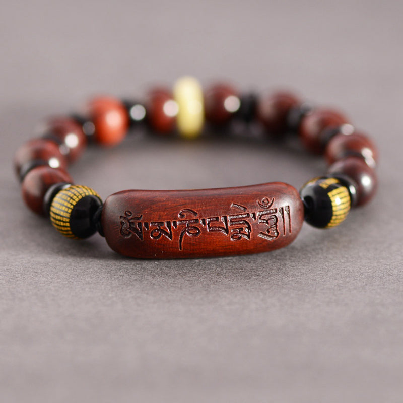 Karma Stone Small Leaf Red Sandalwood Om Mani Padme Hum Engraved Protection Bracelet