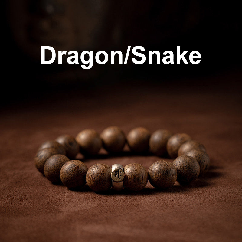 Karma Stone Chinese Zodiac Natal Buddha Natural Agarwood Silver Peace Calm Bracelet