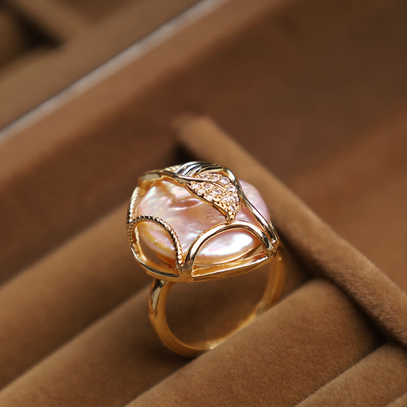 Karma Stone Pearl Copper Plated Gold Flower Happiness Wealth Ring