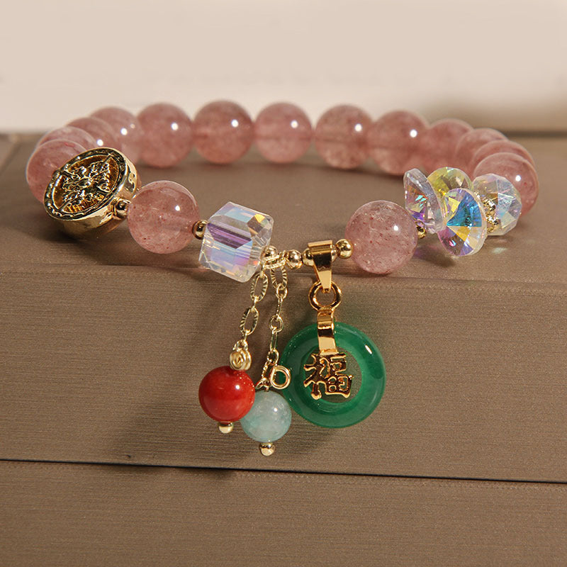 Karma Stone Strawberry Quartz Jade Fu Character Charm Healing Bracelet