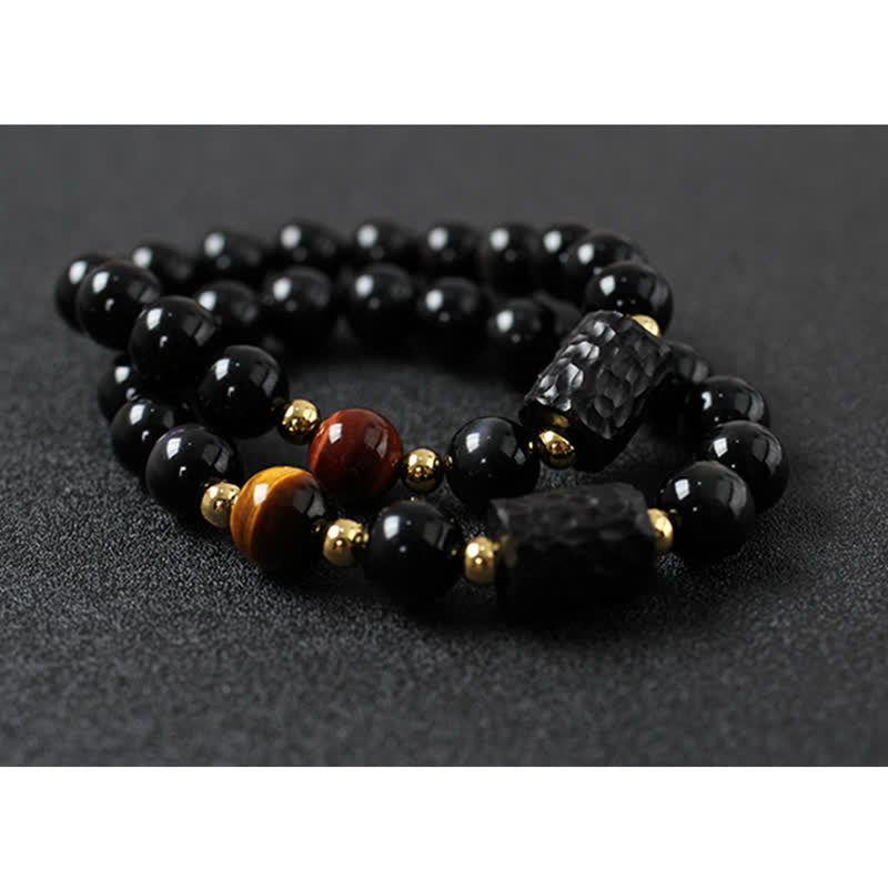 Karma Stone Black Obsidian Ebony Wood Red Tiger Eye Strength Couple Bracelet