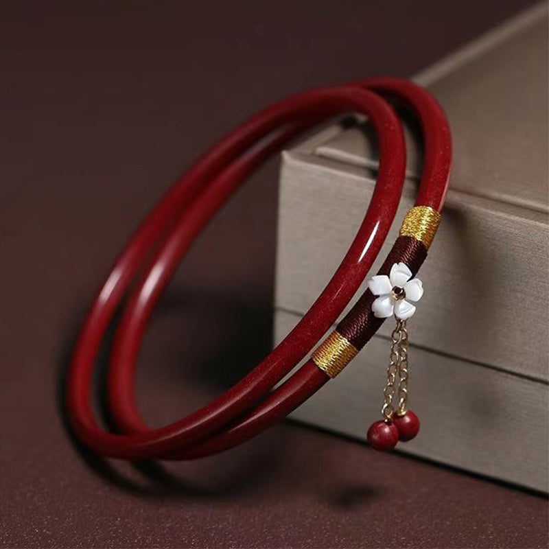 Karma Stone 2Pcs Cinnabar Flower Blessing Bangle Charm Bracelet