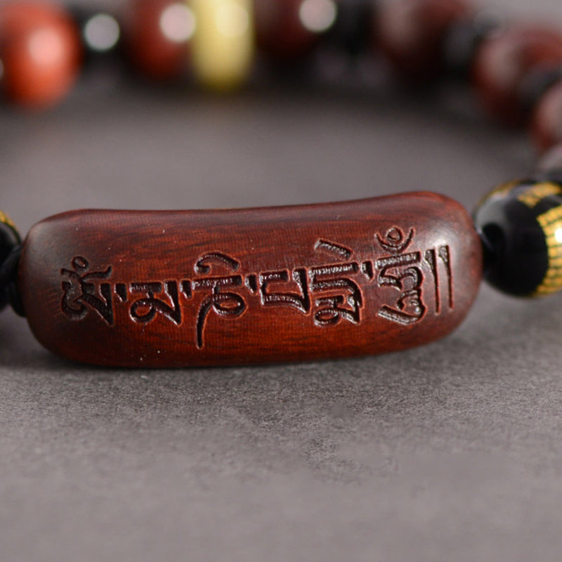 Karma Stone Small Leaf Red Sandalwood Om Mani Padme Hum Engraved Protection Bracelet