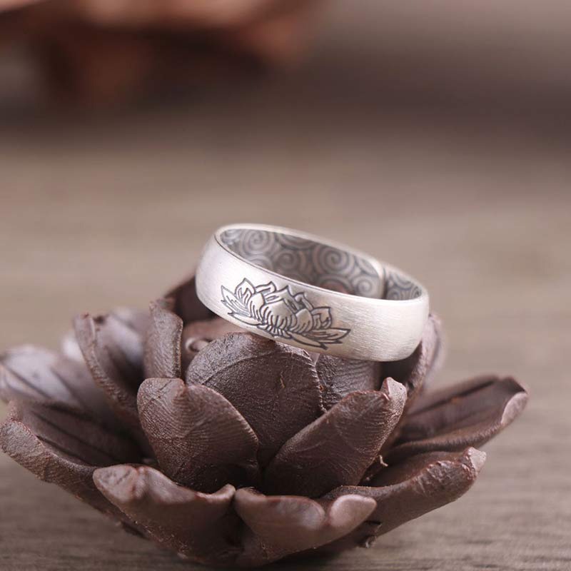 Karma Stone 999 Sterling Silver Lotus Elephant Six True Words Blessing Ring