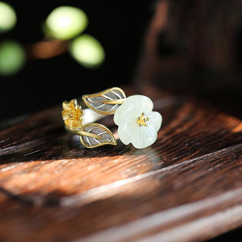 Karma Stone 925 Silver Plated Copper White Jade Plum Flower Leaf Luck Ring