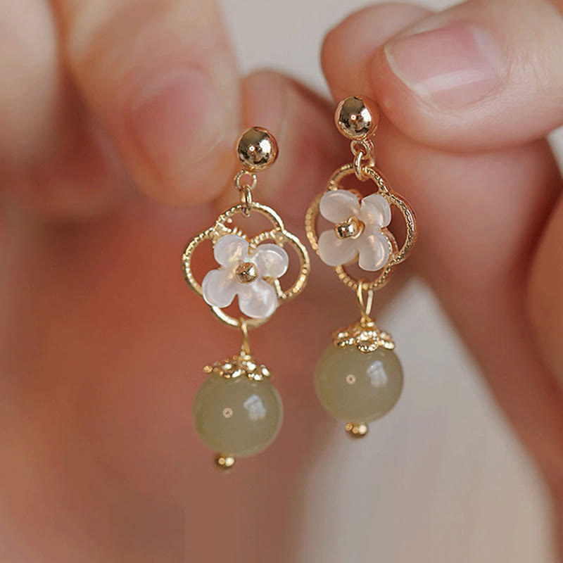 Karma Stone Tridacna Stone Flower Jade Bead Blessing Drop Earrings