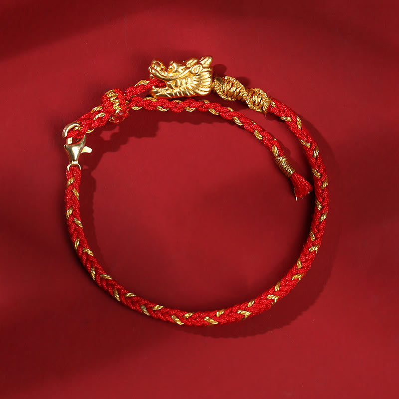 Karma Stone 999 Sterling Silver Handcrafted Dragon Luck Eight Thread Knot Red String Braided Bracelet
