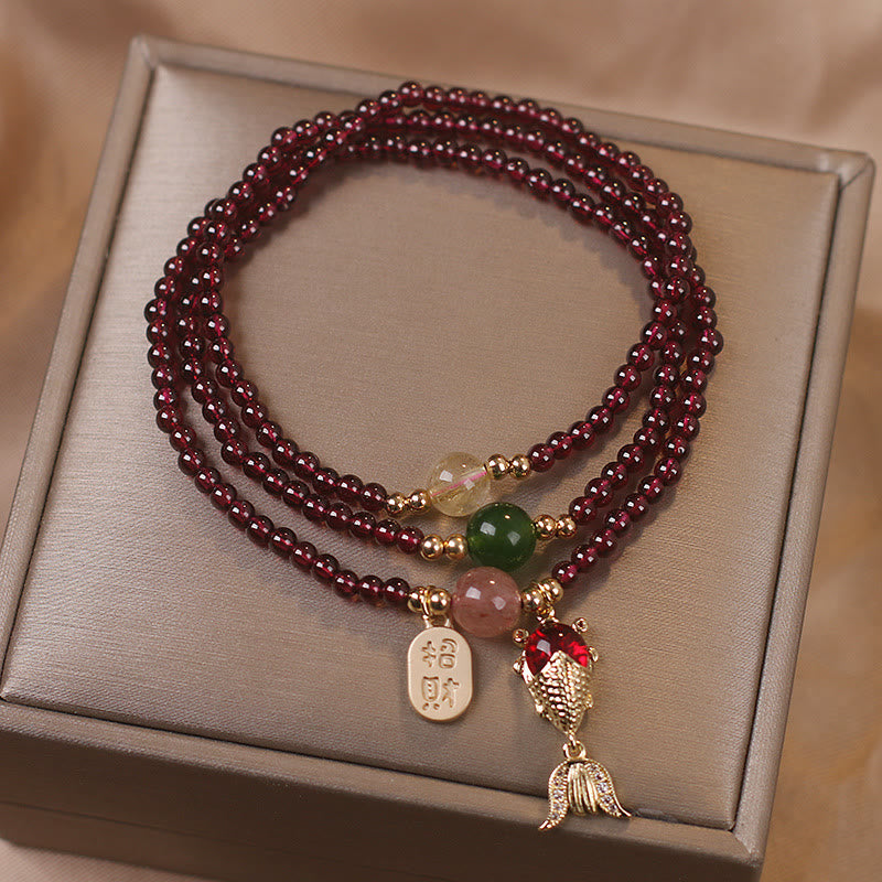 Karma Stone Natural Garnet Strawberry Quartz Crystal Fox Koi Fish Peace Buckle Fortune Protection Triple Wrap Bracelet