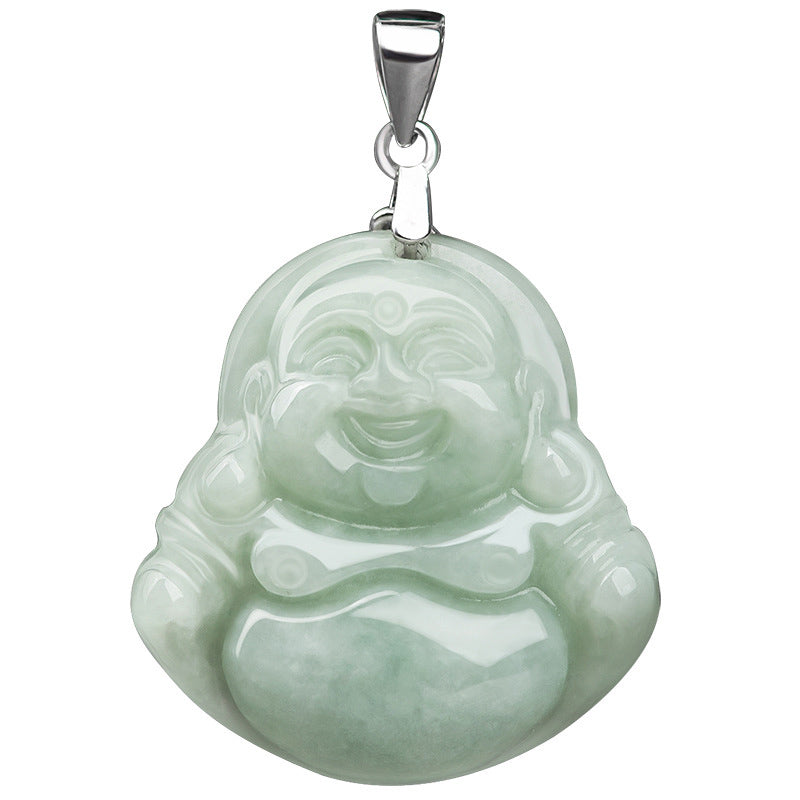 Karma Stone 925 Sterling Silver Laughing Buddha Jade Blessing Necklace Chain Pendant