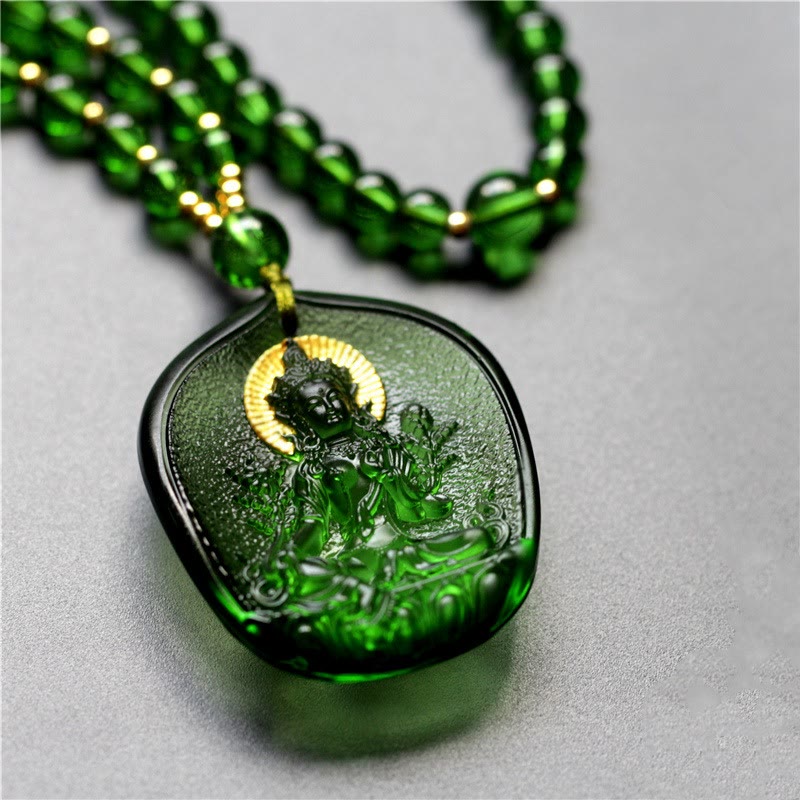 Karma Stone Tibetan Green Tara Buddha Gold Plated Liuli Crystal Protection Necklace Pendant