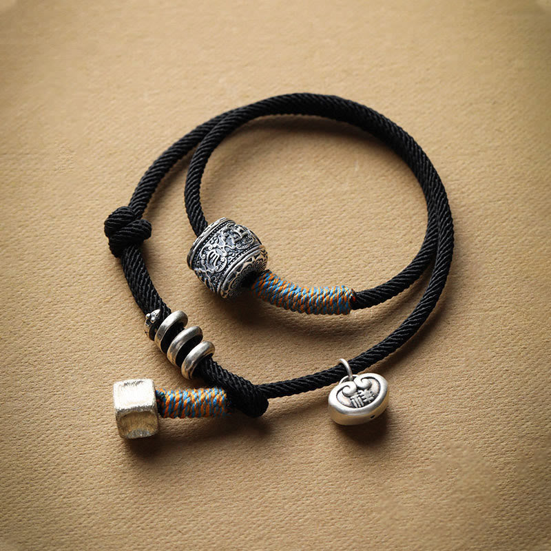 Karma Stone Handmade Tibetan Om Mani Padme Hum Carved Auspicious Amulet Double Wrap Rope Bracelet
