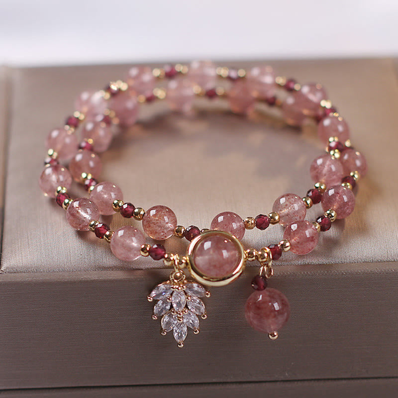 Karma Stone Natural Strawberry Quartz Love Healing Maple Leaf Charm Double Wrap Bracelet