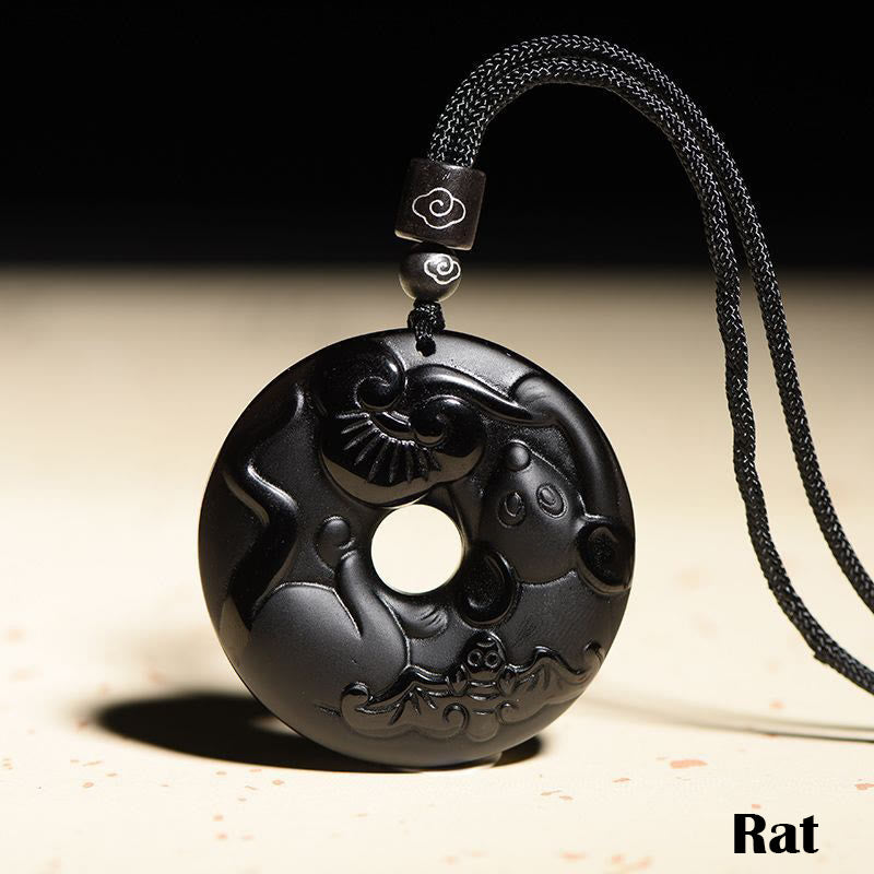 Karma Stone Chinese Zodiac Natural Black Obsidian Peace Buckle Strength Necklace Pendant