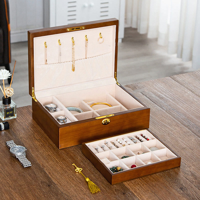 Karma Stone Vintage Wooden Jewelry Box Two-Layer Solid Wood Jewelry Storage Box