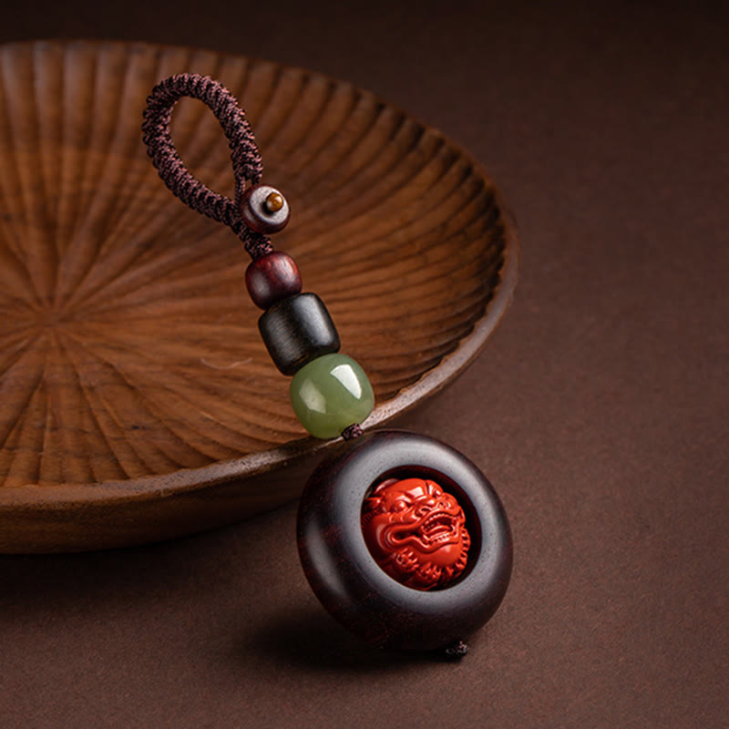 Karma Stone Tibet Om Mani Padme Hum PiXiu Copper Coin Small Leaf Red Sandalwood Cinnabar Protection Key Chain
