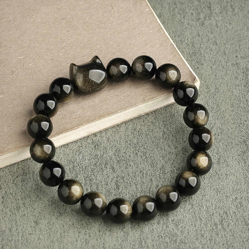 Karma Stone Gold Sheen Obsidian Silver Sheen Obsidian Lovely Paw Lucky Cat Protection Bracelet
