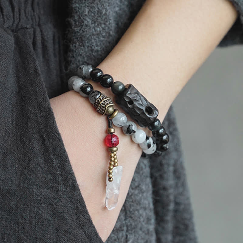 Karma Stone Black Rutilated Quartz Ebony Wood White Crystal Success Couple Bracelet