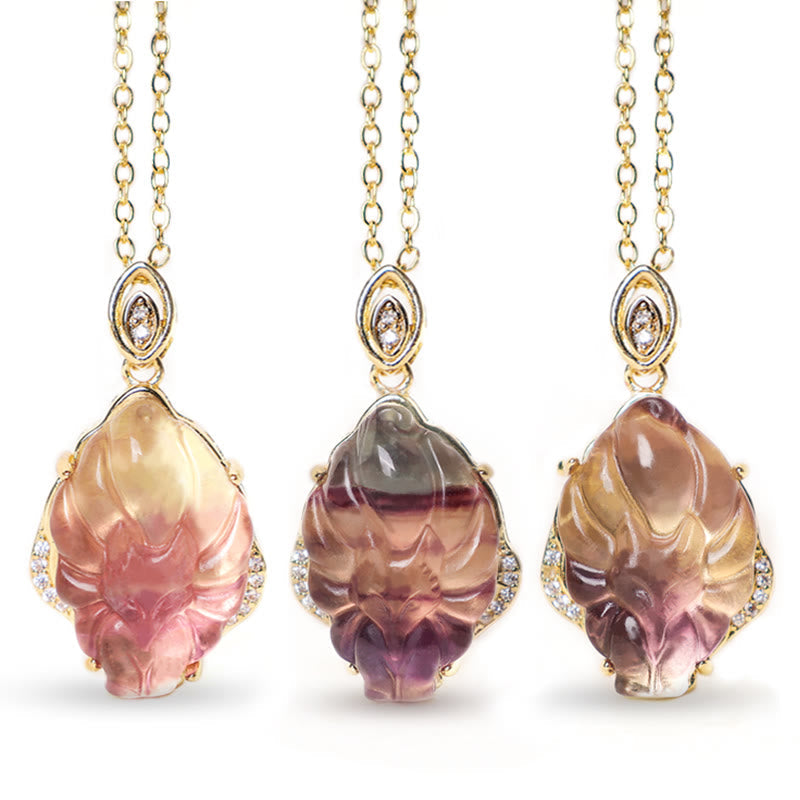 Karma Stone Natural Colorful Fluorite Nine Tailed Fox Protection Necklace Pendant