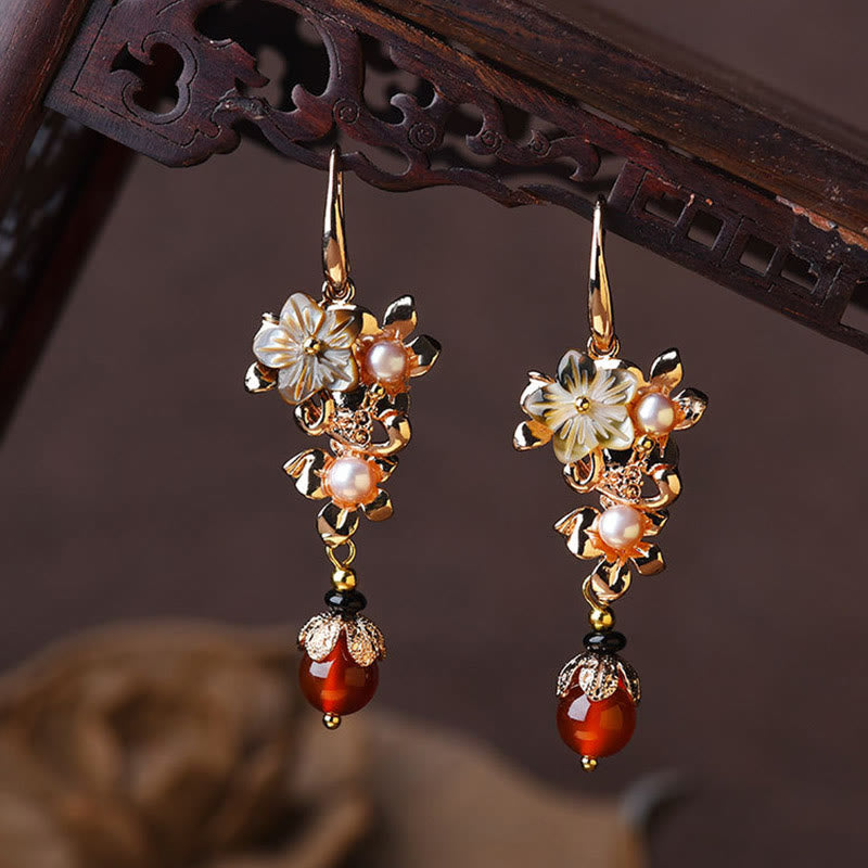 Karma Stone 14K Gold Plated Tridacna Stone Flower Pearl Green Aventurine Bead Drop Earrings