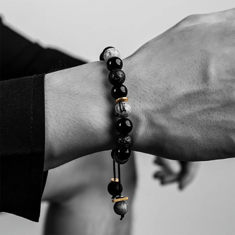 Karma Stone Black Obsidian Lava Rock Stone Yin Yang Strength Bracelet