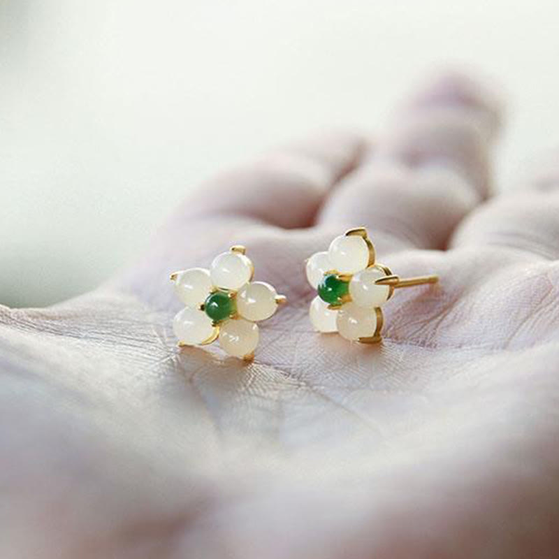 Karma Stone White Jade Flower Luck Blessing Stud Earrings