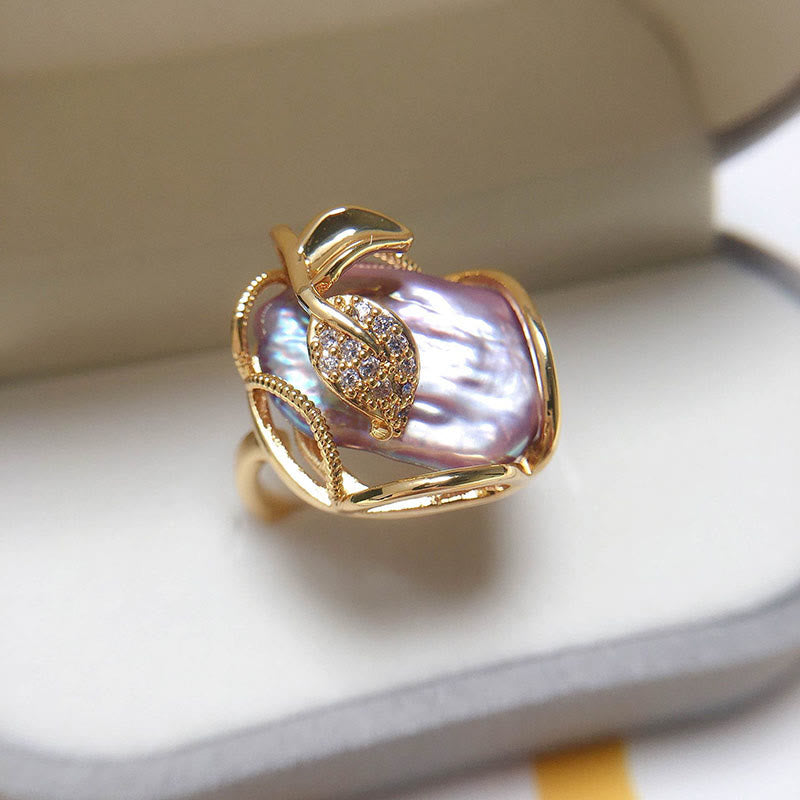 Karma Stone Pearl Copper Plated Gold Flower Happiness Wealth Ring