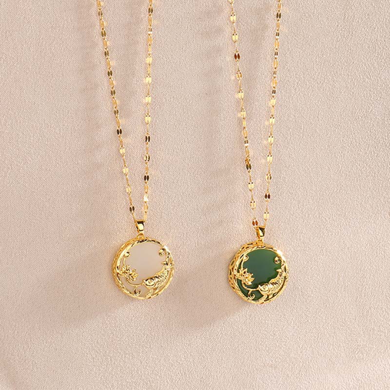 Karma Stone Natural Jade Koi Fish Lotus Luck Necklace Pendant
