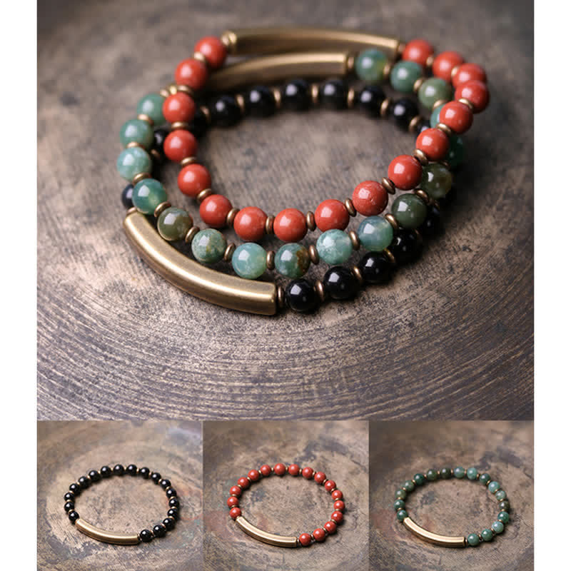 Karma Stone Red Jasper Moss Agate Black Obsidian Crystal Copper Peace Couple Bracelet