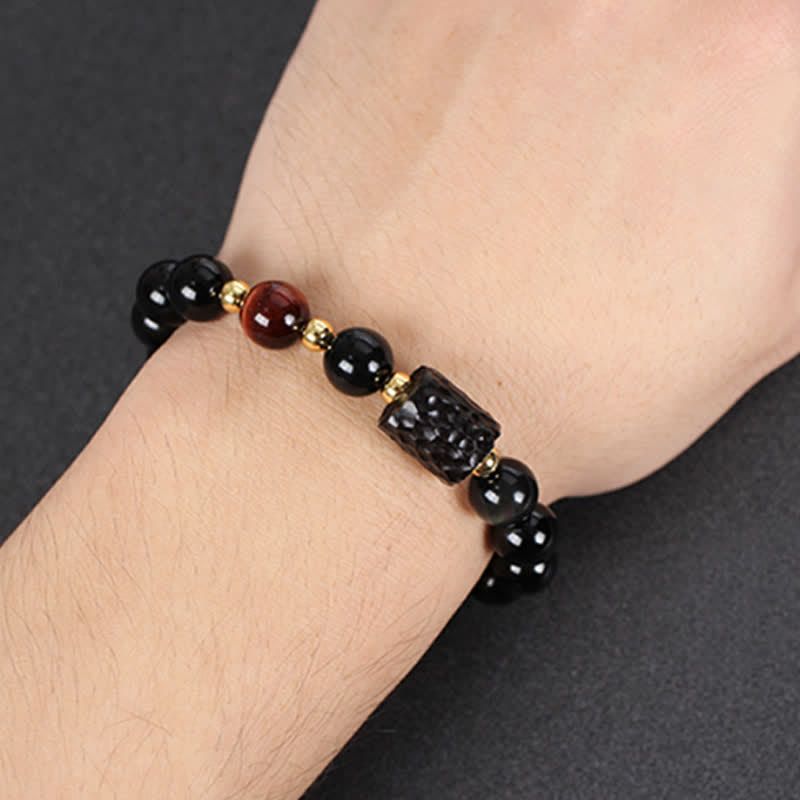 Karma Stone Black Obsidian Ebony Wood Red Tiger Eye Strength Couple Bracelet