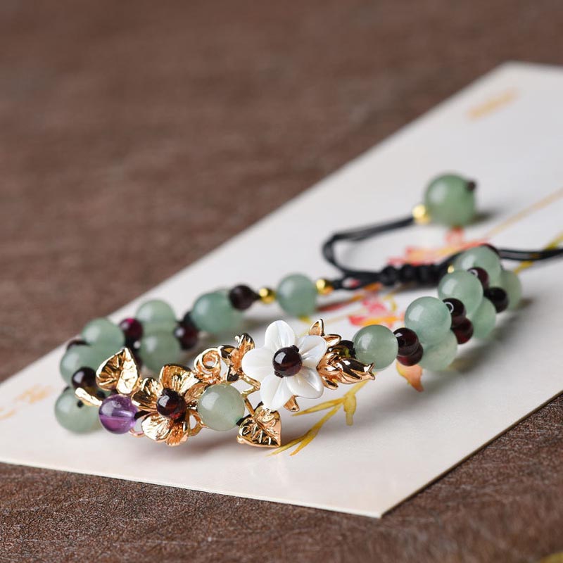 Karma Stone Green Aventurine Garnet Bead Flower Petal Luck Bracelet