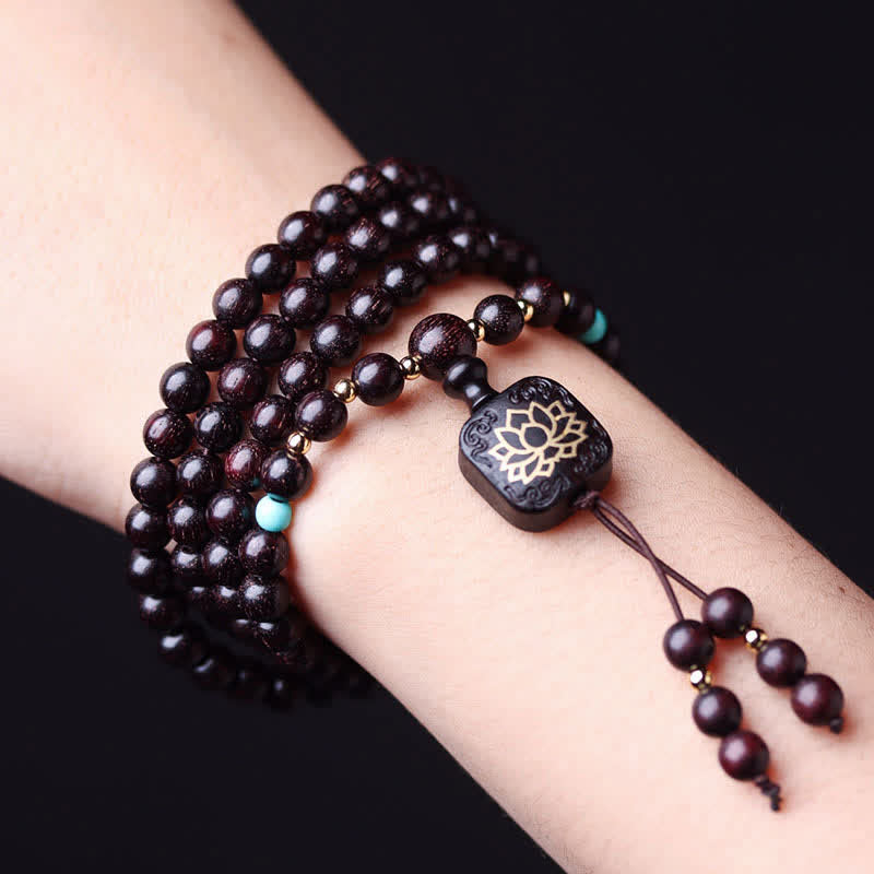 Karma Stone 108 Mala Beads Tibetan Small Leaf Red Sandalwood Lotus Balance Bracelet