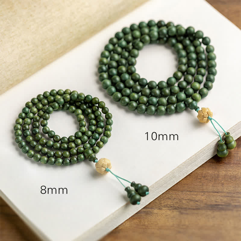 Karma Stone 108-Bead Rosary Green Sandalwood, Boxwood, Lotus, Auspicious Wooden Rosary Bracelet