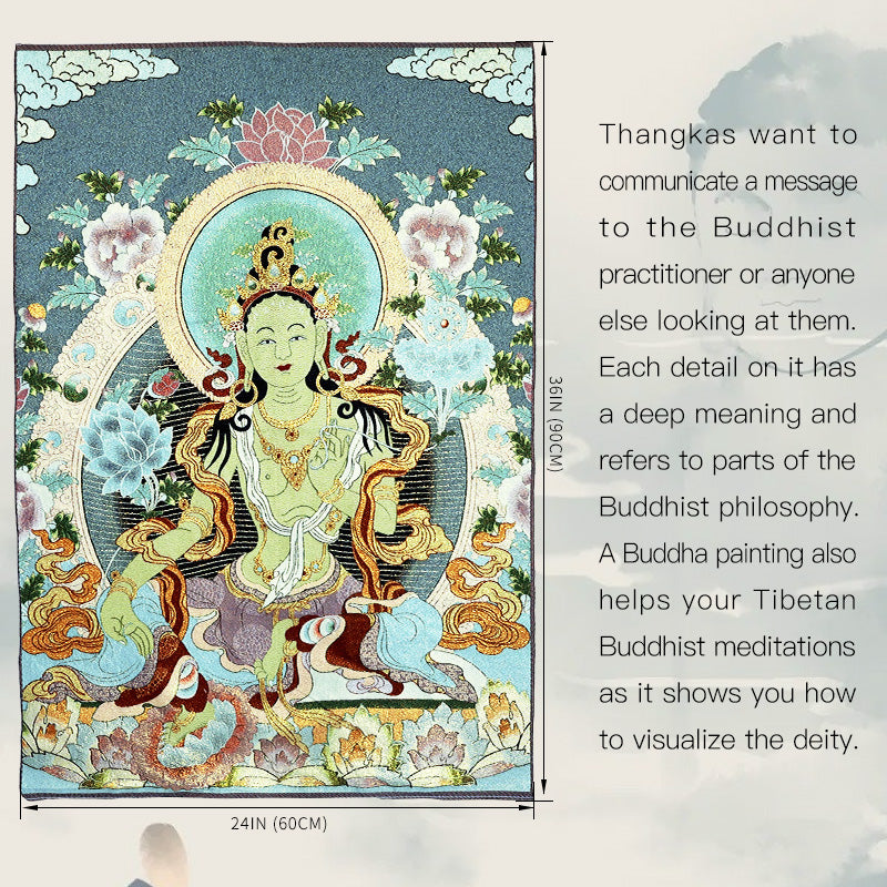 Karma Stone Tibetan Embroidery White Tara Thangka Tapestry Wall Hanging Wall Art Meditation for Home Decor