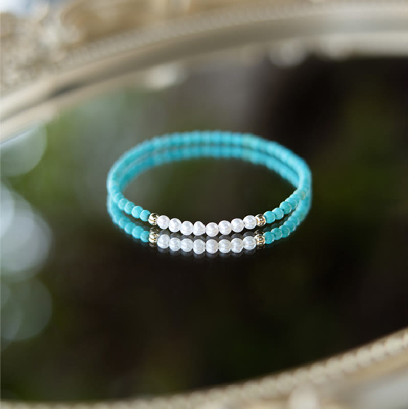Karma Stone 925 Sterling Silver Natural Turquoise Pearl Beaded Bracelet