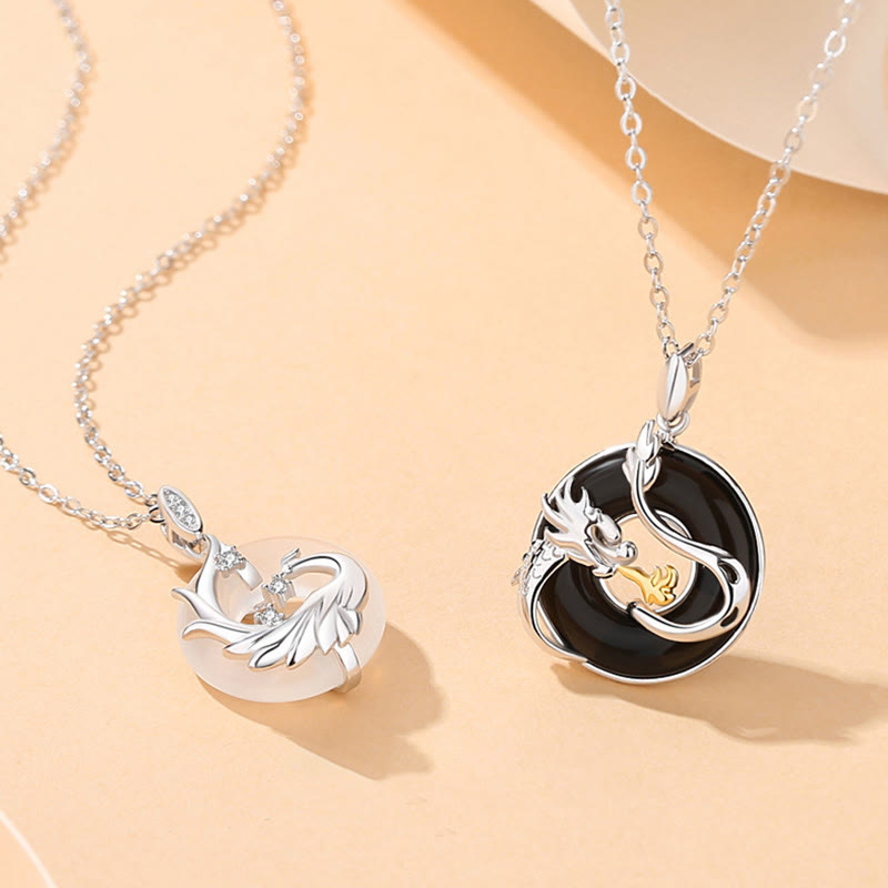Karma Stone 925 Sterling Silver Year of the Dragon Natural Black Onyx Chalcedony Dragon Phoenix Peace Buckle Protection Necklace Pendant