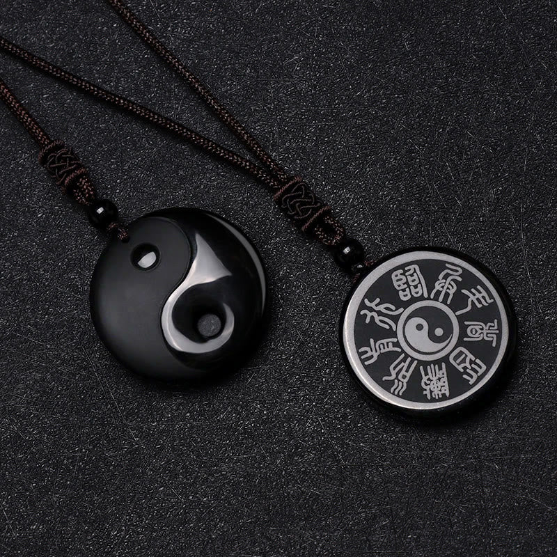Karma Stone Black Obsidian Taoism Five Sacred Mountains Nine-Character Mantra Carved Purification Yin Yang Necklace Pendant