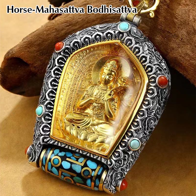Karma Stone Tibet Chinese Zodiac Natal Buddha Thangka Prosperity Rotatable Dzi Bead Necklace Pendant