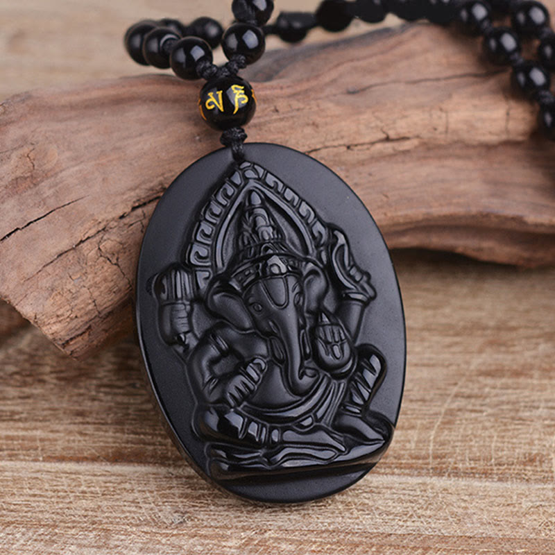 Karma Stone Tibetan Obsidian Ganesh Ganpati Elephant Wealth Amulet Necklace