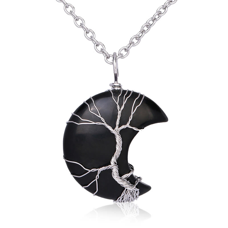 Karma Stone Natural Quartz Crystal Moon Tree Of Life Healing Energy Necklace Pendant