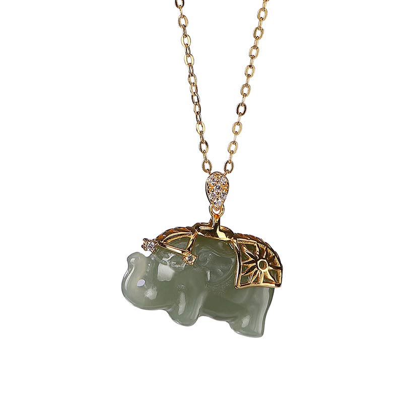 Karma Stone 925 Sterling Silver Jade Elephant Blessing Fortune Necklace Chain Pendant