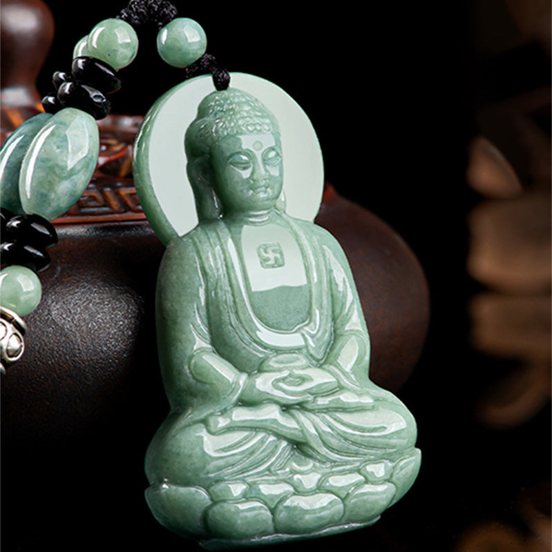 Karma Stone Amitabha Buddha Jade Amulet Compassion String Necklace