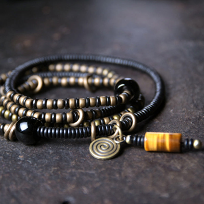 Karma Stone Ebony Wood Dzi Bead Copper Peace Couple Bracelet Necklace Pendant